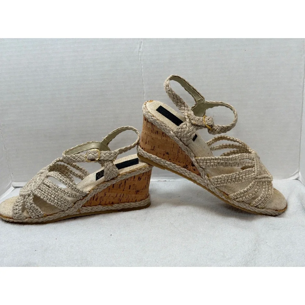 VTG NOS Macrame Wedge Sandals Women Beige‎ Cork Heel Boho Strappy Woven Size 8